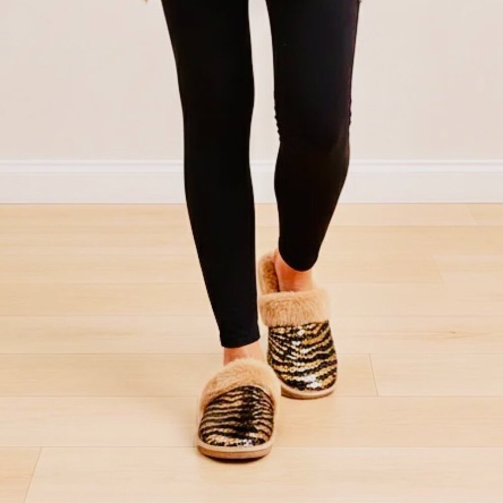 Zebra Faux Fur Sequin Slippers